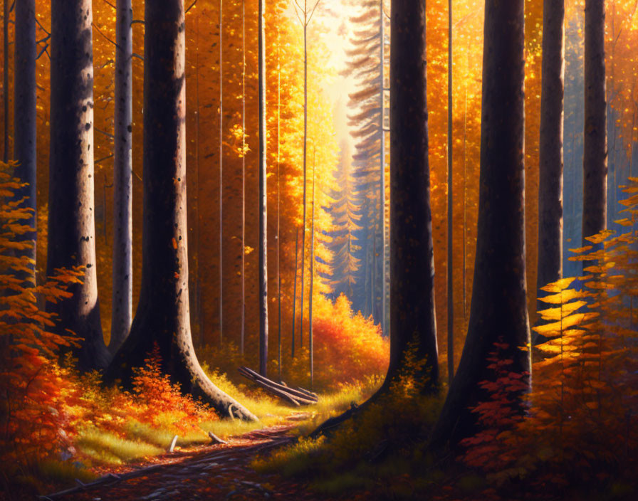 Tranquil Autumn Forest with Tall Trees and Sunlight Beams