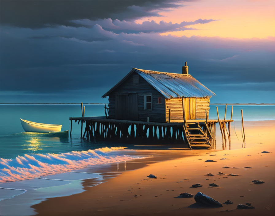 Rustic wooden hut on stilts by shore at sunset with dark clouds and small boat.