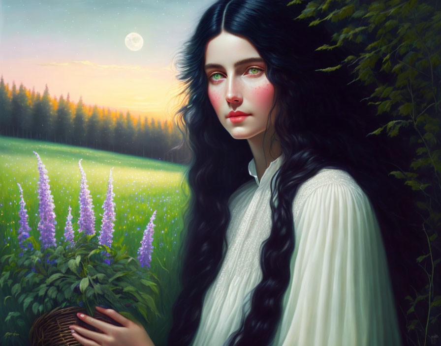 Portrait of Woman with Long Black Hair in Meadow at Twilight