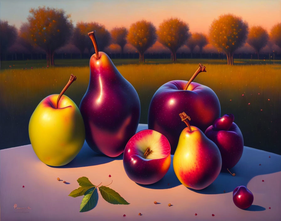 Realistic painting of oversized fruits in orchard at sunset