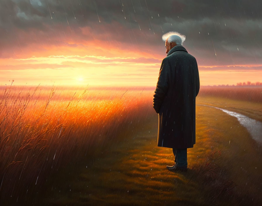 Elderly person standing in rainy field at sunset