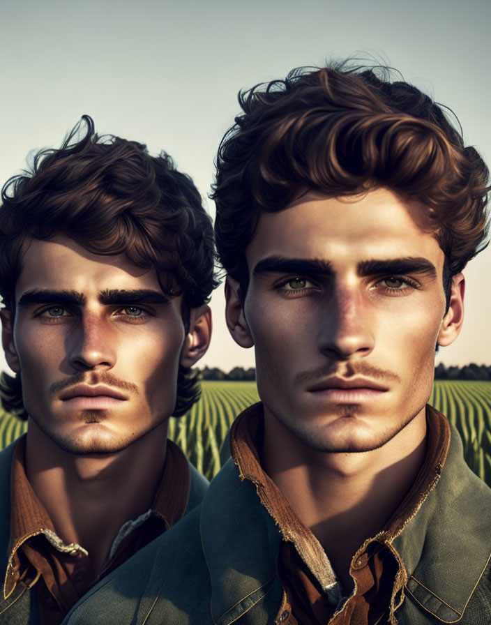 Identical male figures with wavy hair in warm cornfield setting