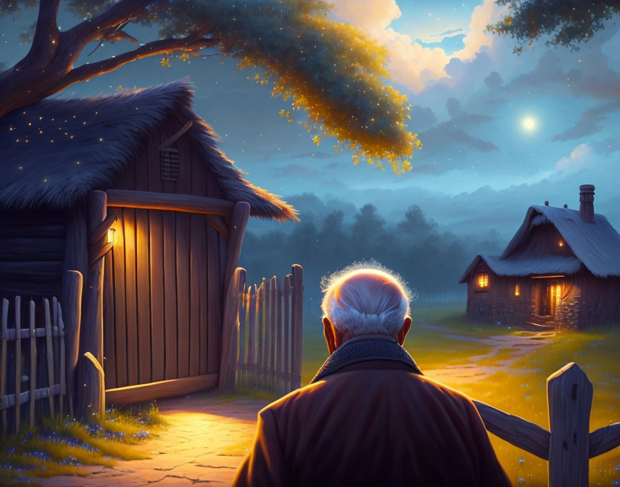 Elderly person admiring peaceful village night scene