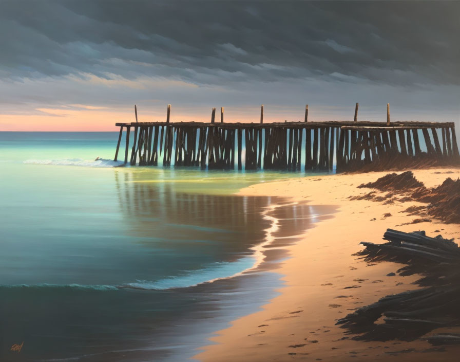 Weathered wooden pier over calm sea at sunset.