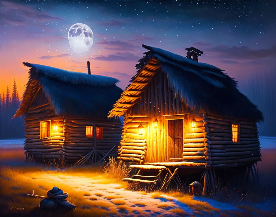 Snow-covered log cabin under full moon with glowing windows and bench outside