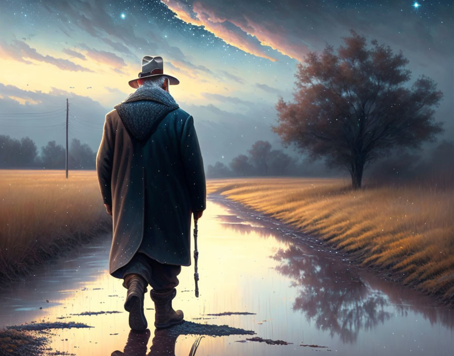 Person in hat and coat walking on puddle-filled path under starry twilight sky