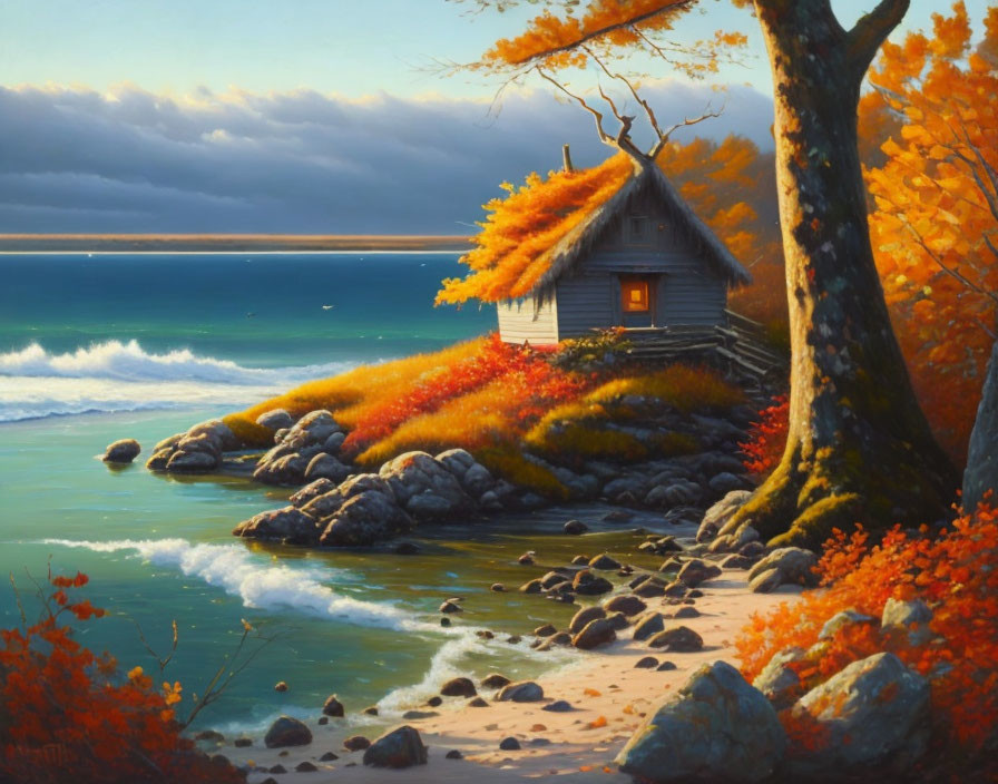 Autumn cabin by the sea with vibrant orange foliage