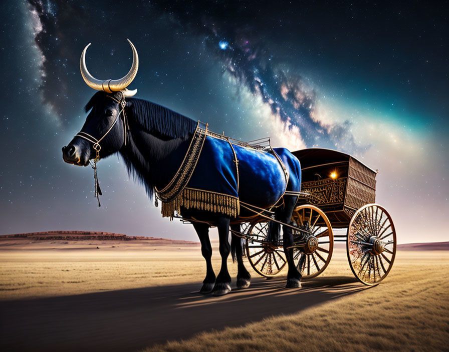 Ornate bull pulling wooden cart in desert under starry sky