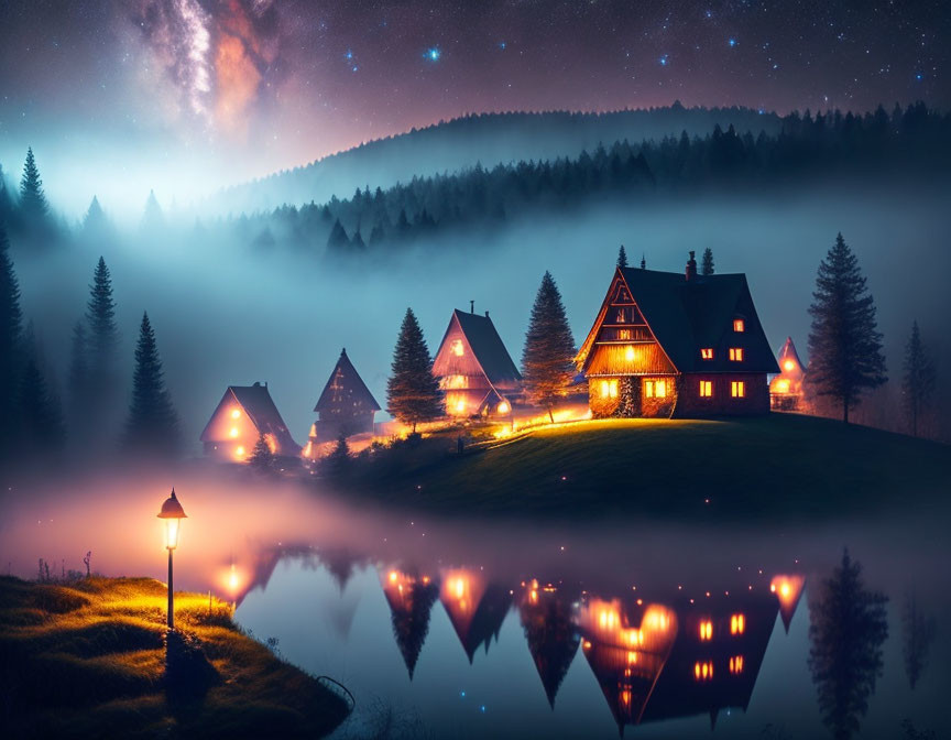 Houses illuminated by lake under starry sky & street lamp reflection