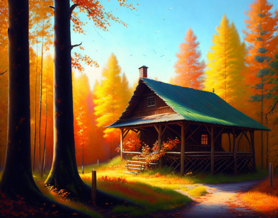 Rustic wooden cabin in autumn forest with colorful trees and clear sky