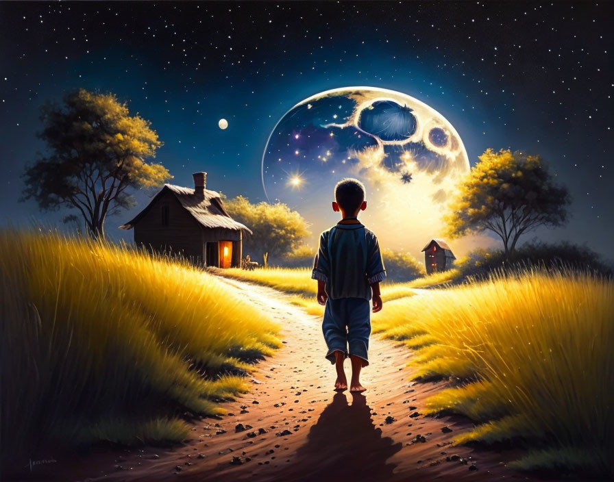 Child on dirt path between golden fields under surreal moon near cozy house.