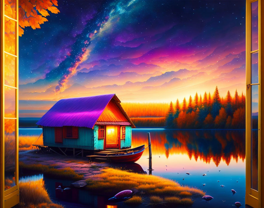 Digital artwork: Lakeside cabin under starry night sky