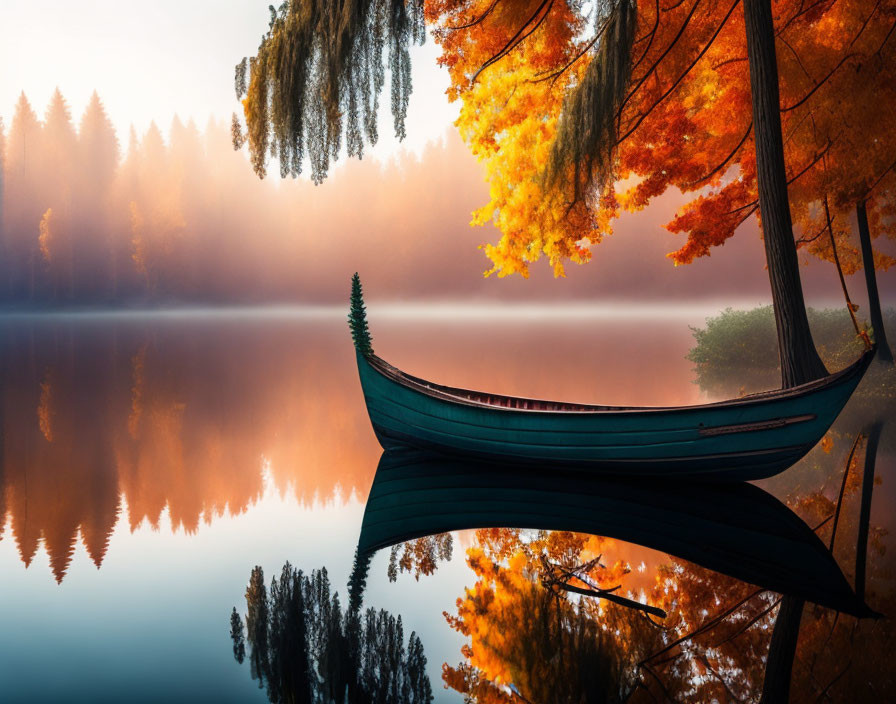 Tranquil autumn landscape: canoe on calm lake, vibrant orange trees, hazy forest, soft