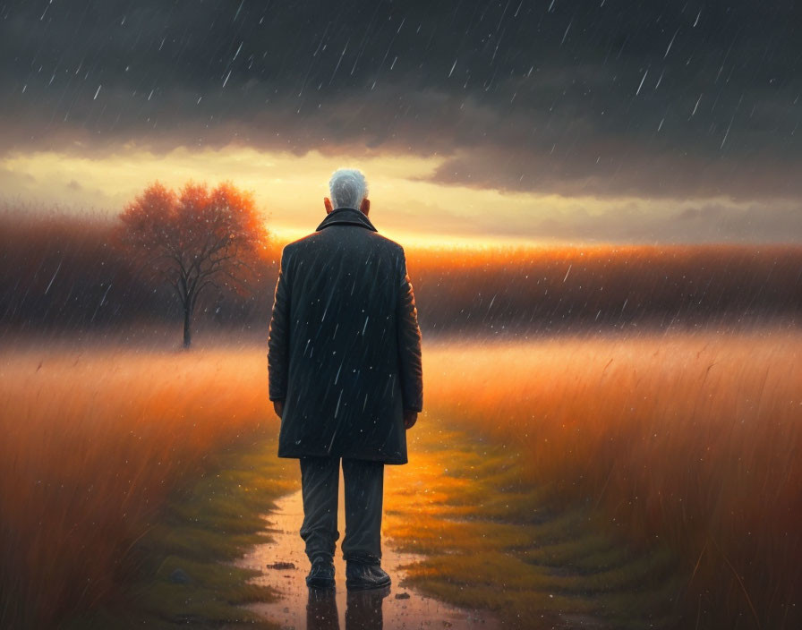 Person standing in wet field under vivid sunset with dark clouds and light rain.