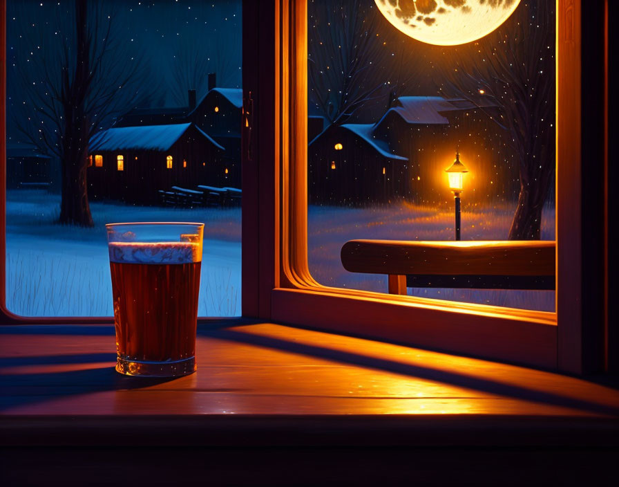 Cozy interior with beer glass, snowy night view, full moon