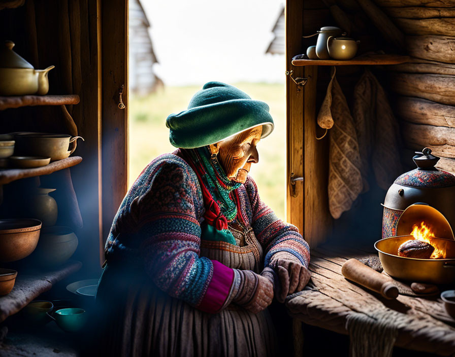 Elderly woman in colorful outfit by rustic kitchen fire