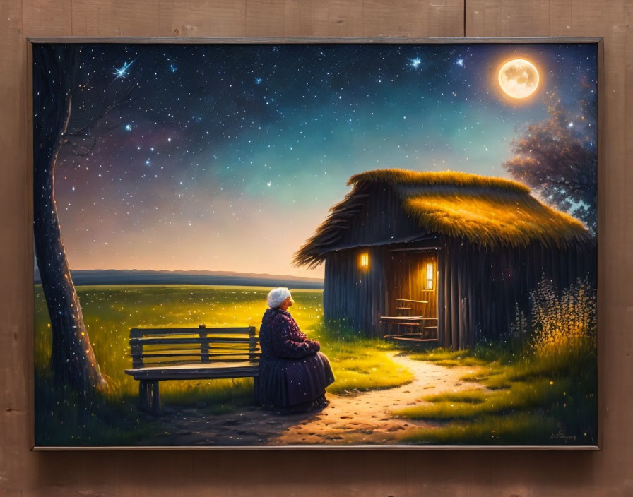 Person sitting on bench under starry night sky by hut in green field