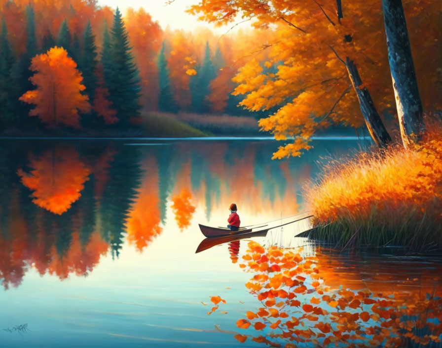 Tranquil autumn lake scene with person in canoe among colorful trees