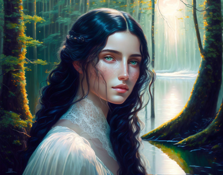 Young woman with dark hair and green eyes in mystical forest with sunlight.