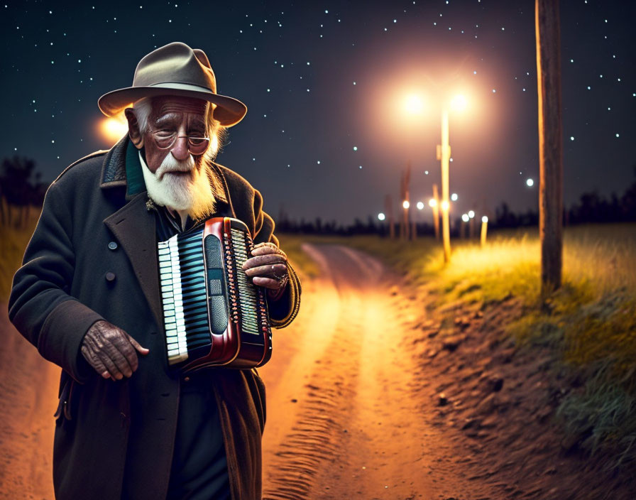 Elderly man playing accordion on deserted road at night