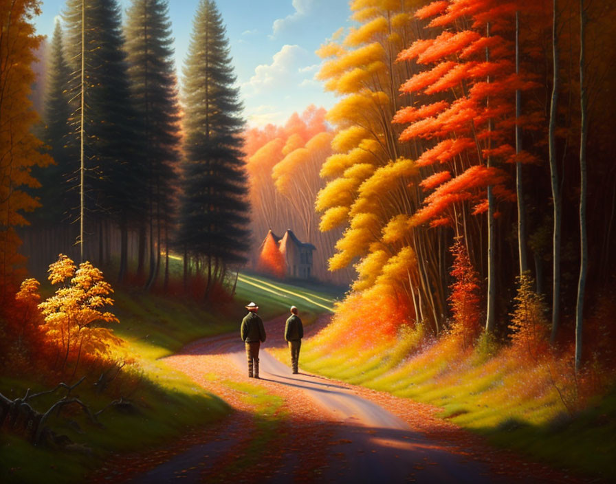 Serene forest path with autumn foliage and setting sun glow