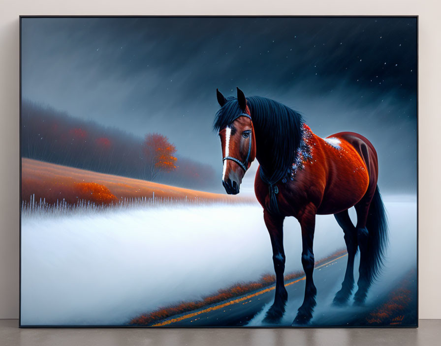 Brown Horse Painting in Twilight with Starry Sky and Autumn Trees