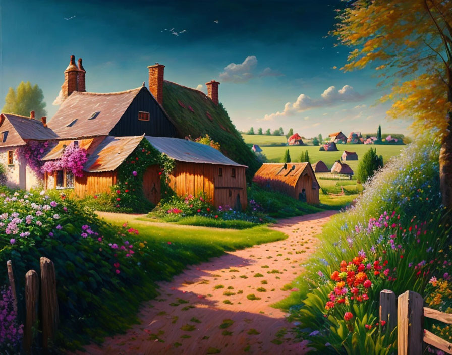 Colorful countryside scene: cottages, flowers, winding path, sunny sky