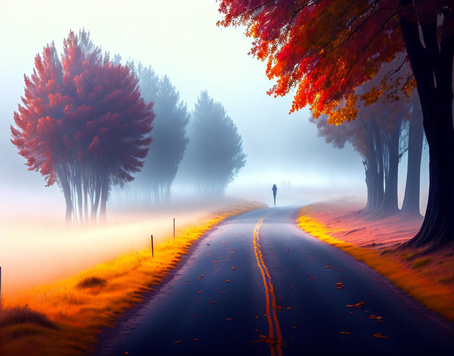 Solitary figure walking on misty autumn road lined with colorful trees