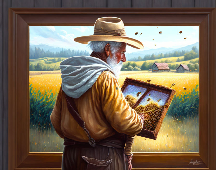 Elderly Beekeeper in Straw Hat Examines Honeycomb Frame in Rural Setting