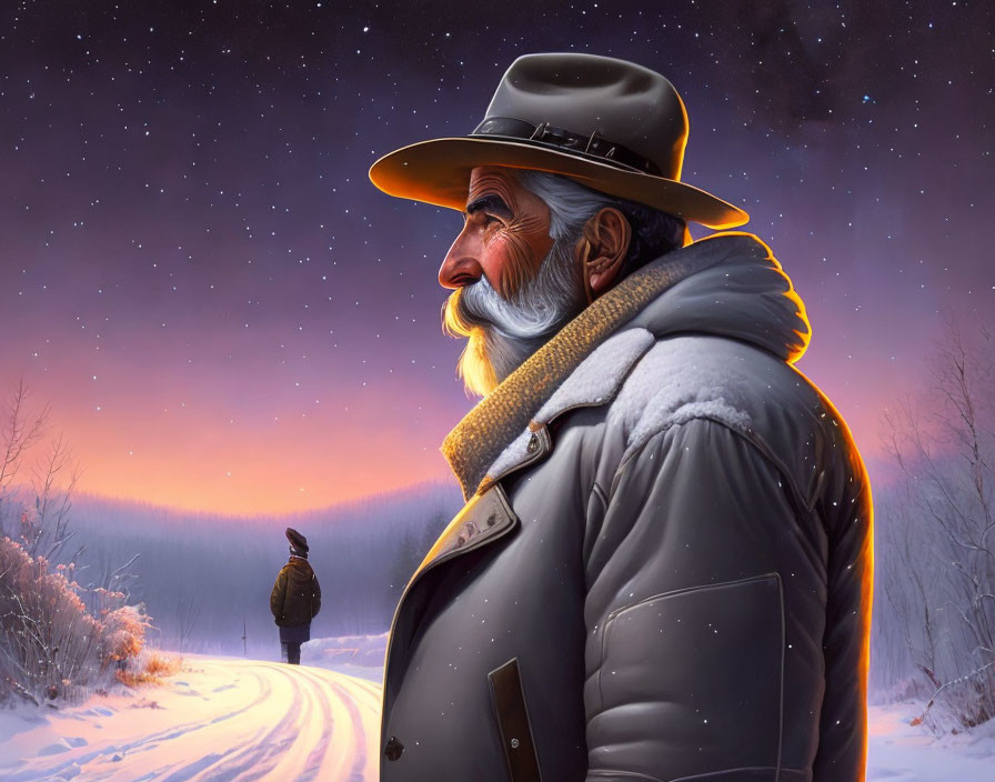 Elder man in hat and coat gazes at young person on snowy path at twilight