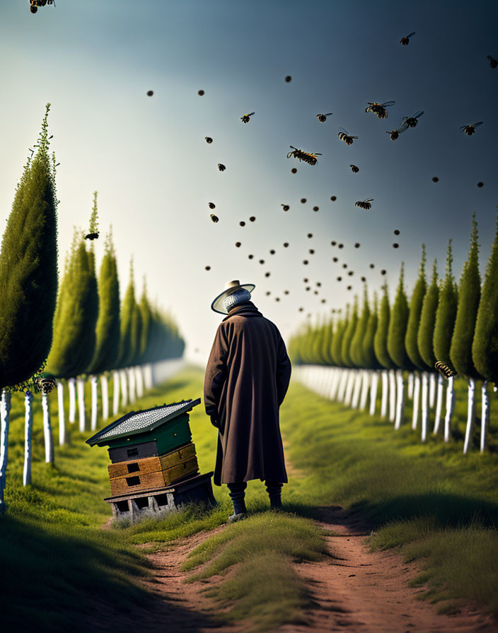 Beekeeper in hat and cloak watches bees near hive in surreal landscape