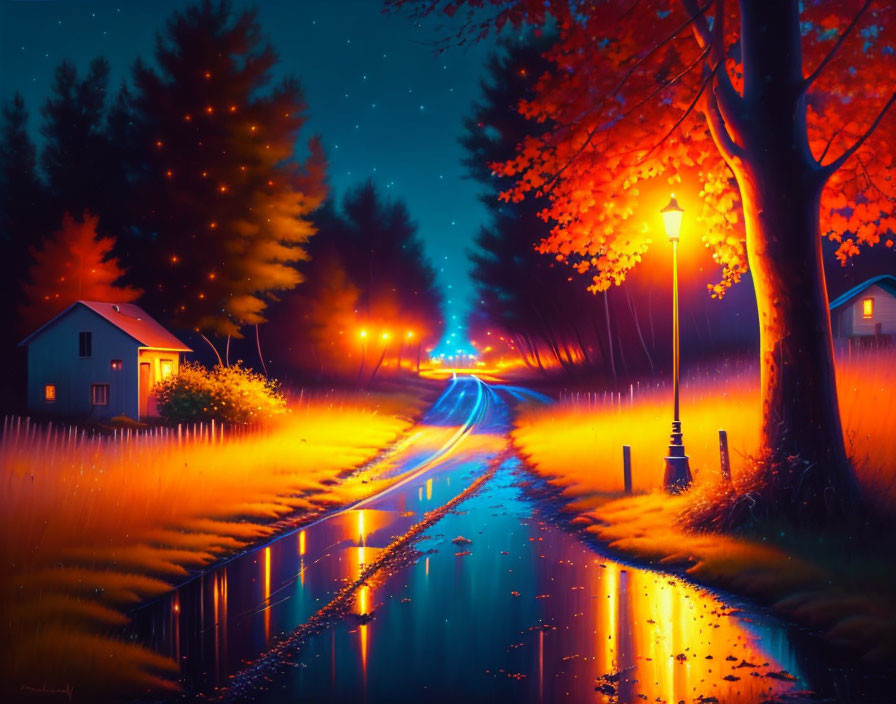 Nighttime scene with wet road, houses, autumn trees, starry sky.