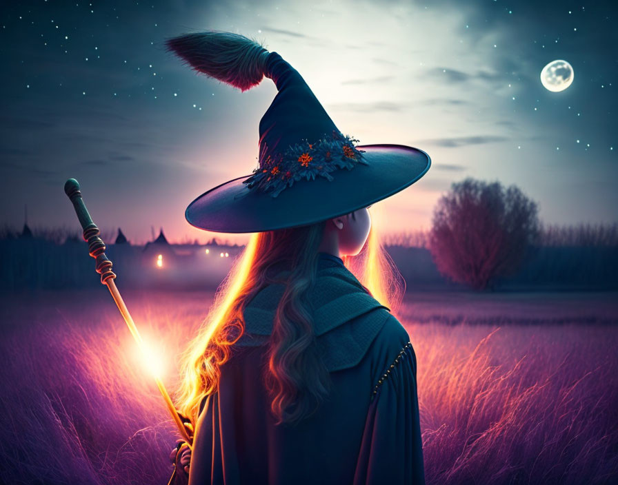 Witch with pointed hat holds glowing staff in nighttime field