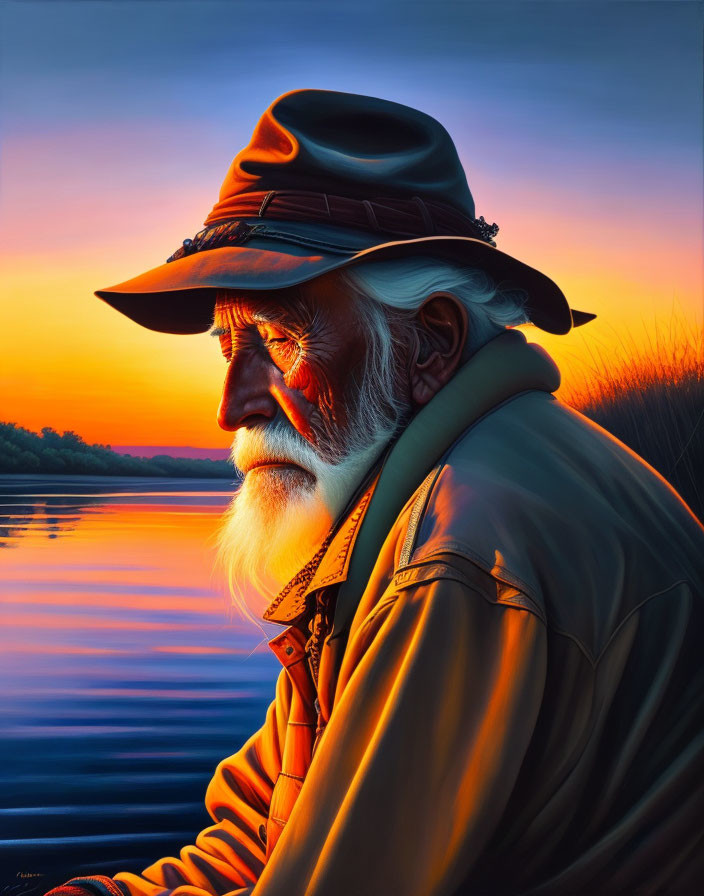 Elderly man with white beard in hat and coat by tranquil lake at sunset