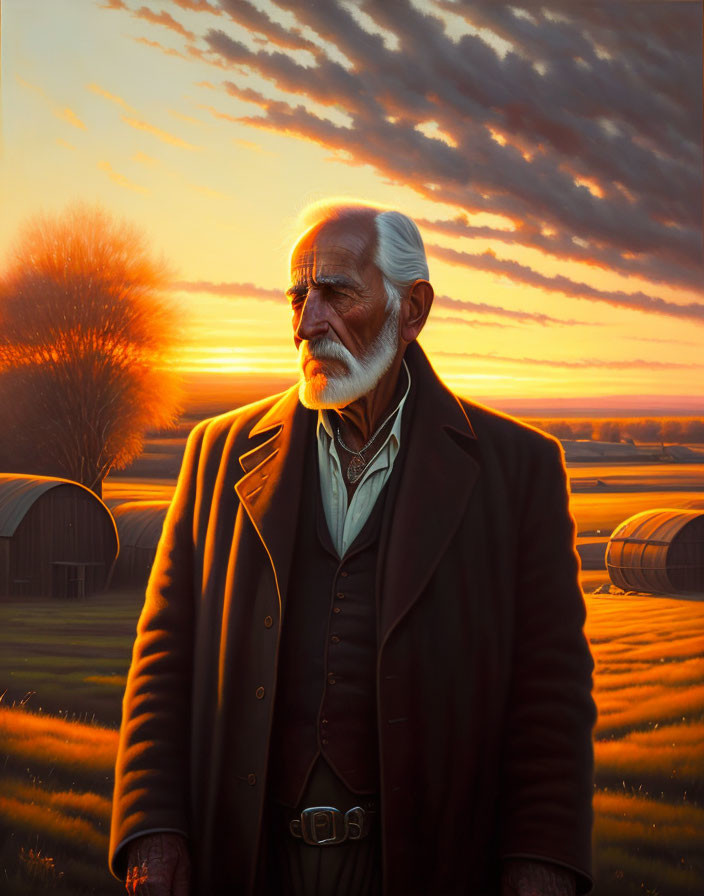 Elderly man with white beard in sunset-lit farmland setting