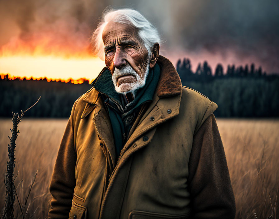 White-Haired Elderly Man in Field at Sunset with Trees and Fiery Sky