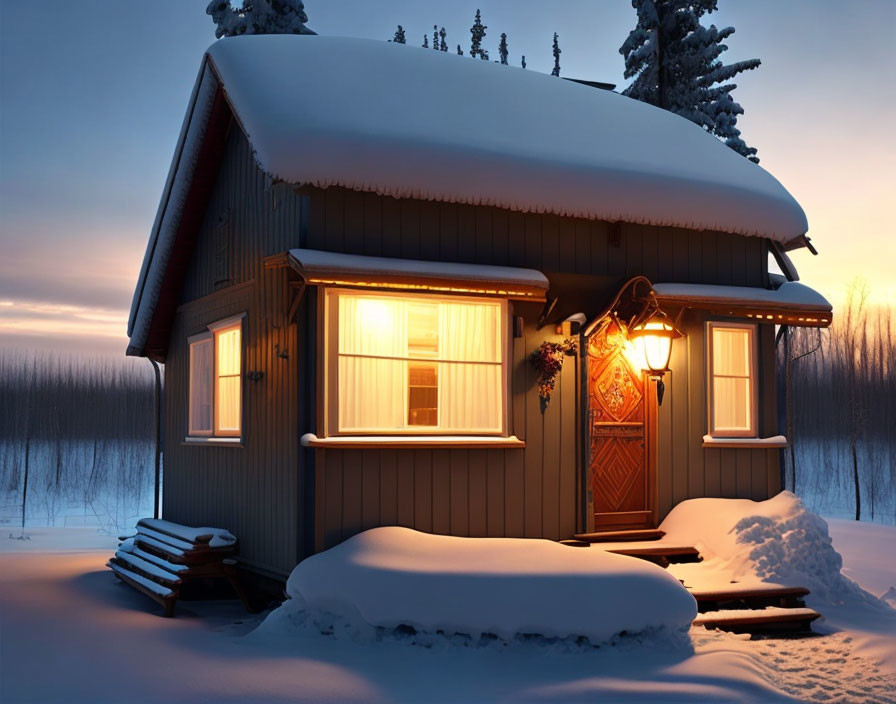 Snow-covered cabin with glowing windows in twilight winter scene