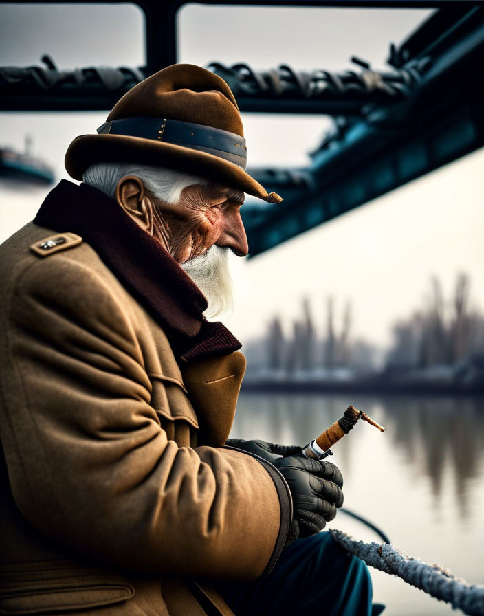 White-bearded elderly man in hat and coat smokes by bridge