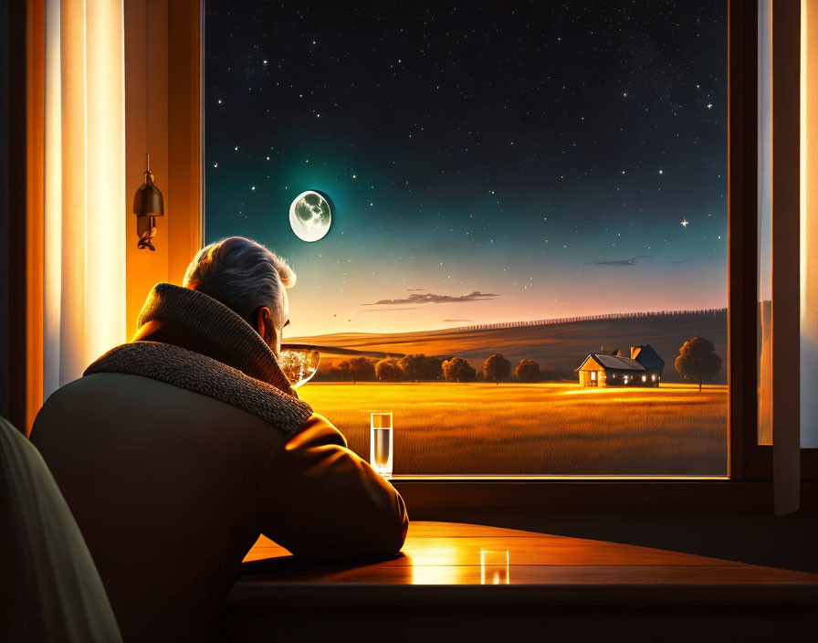 Elderly person looking out window at serene night scene