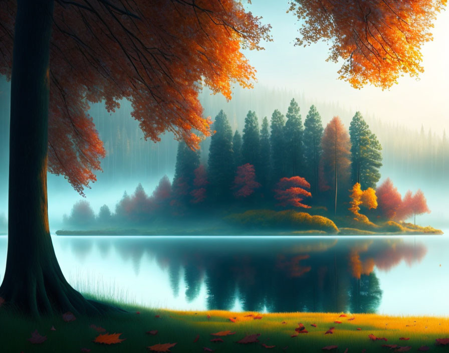 Vivid Autumn Trees Reflected in Tranquil Lake