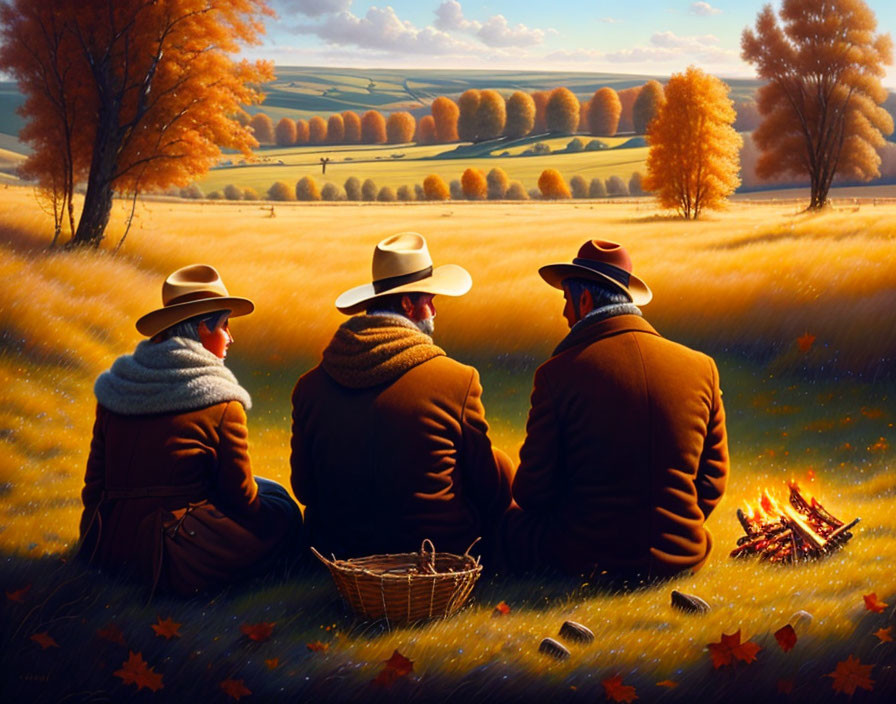 Three People in Hats Sitting by Fire in Golden Field with Autumn Trees