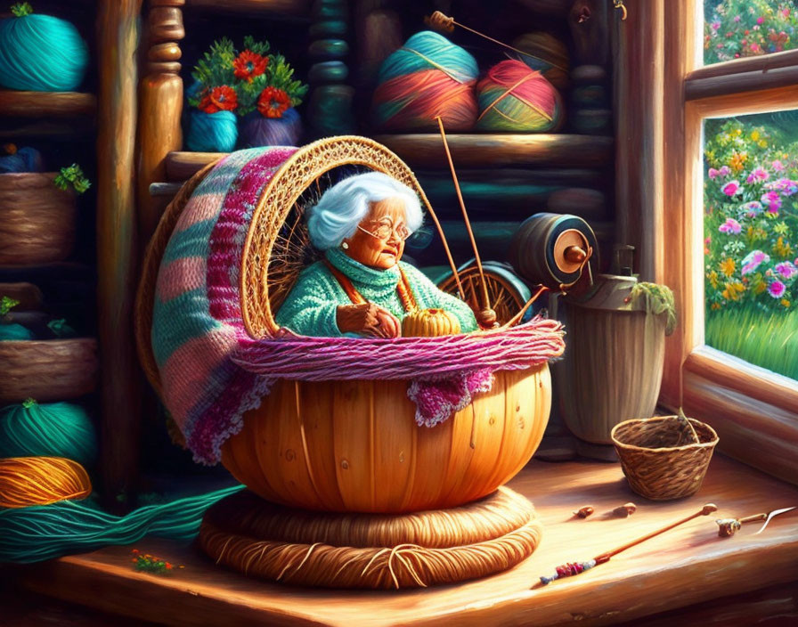 Elderly lady knitting in wooden tub with colorful yarn and garden view