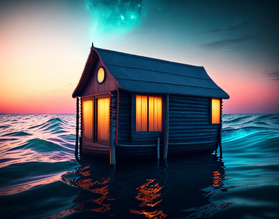 Wooden Cabin on Stilts Over Calm Ocean Waters at Twilight