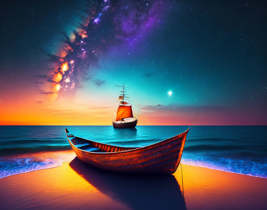 Vivid sunset ocean scene with small and large boats under starry sky