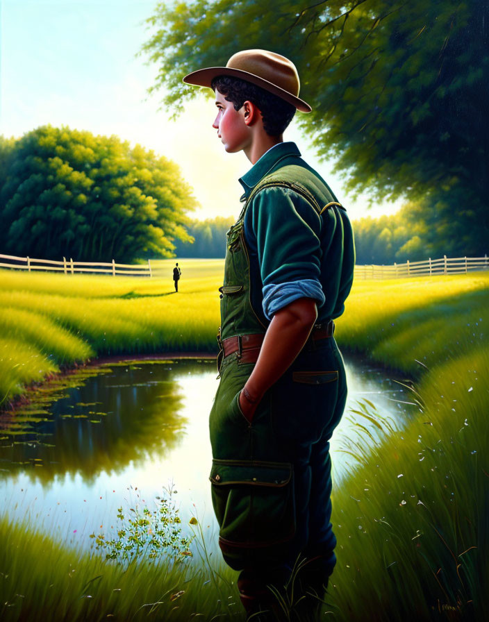 Boy in hat and overalls by pond in lush meadow with trees and fence.