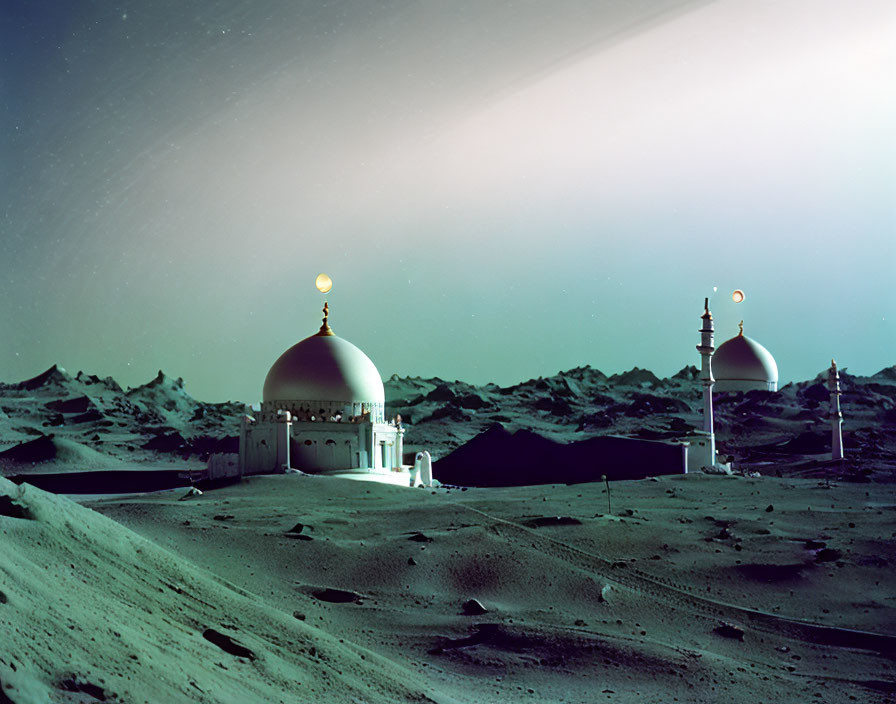 Golden-domed mosque in desert twilight.