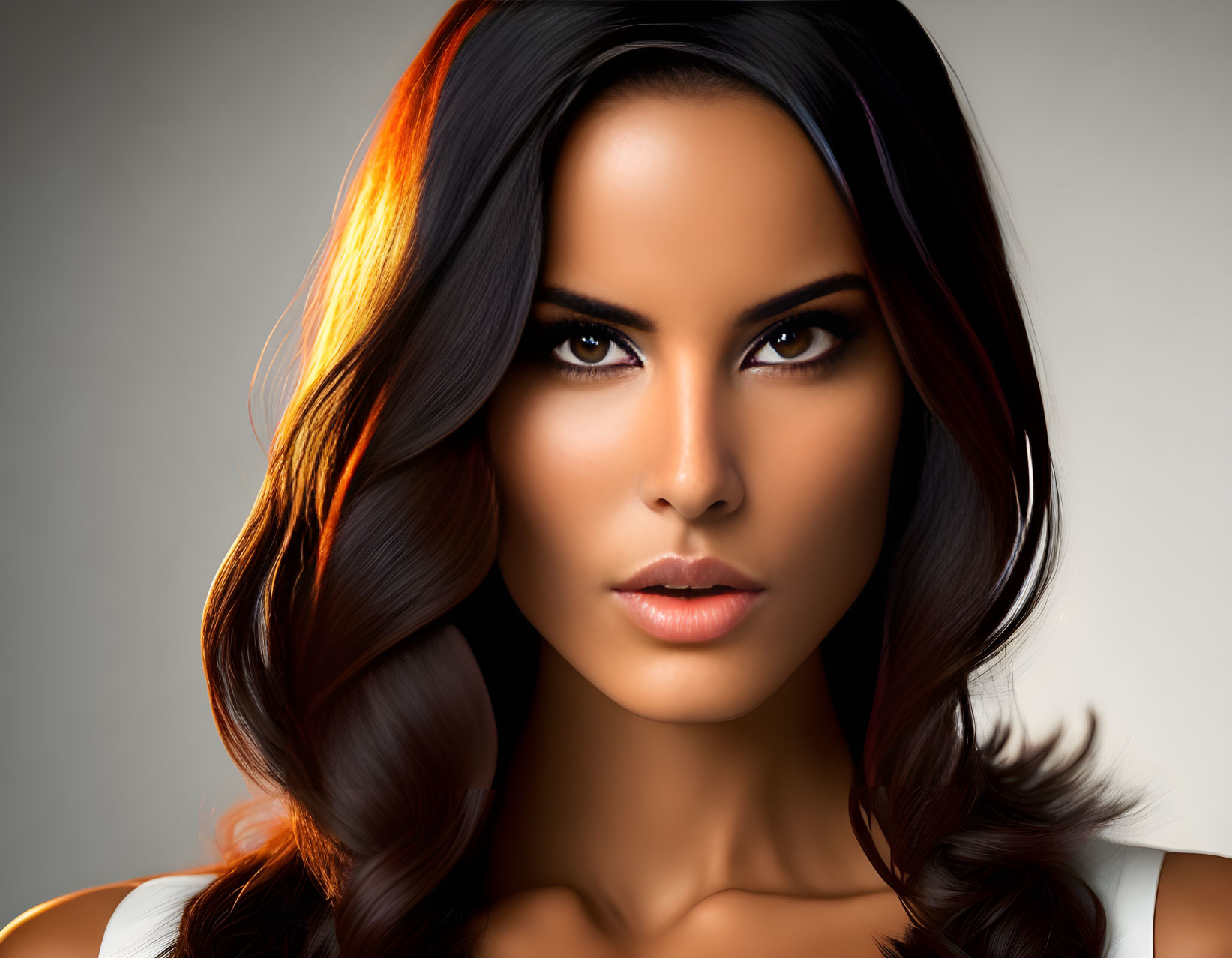 Portrait of woman with dark hair, ombre highlights, brown eyes, and glamourous makeup on