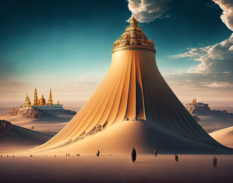 Golden structure atop towering sand dune in surreal desert landscape