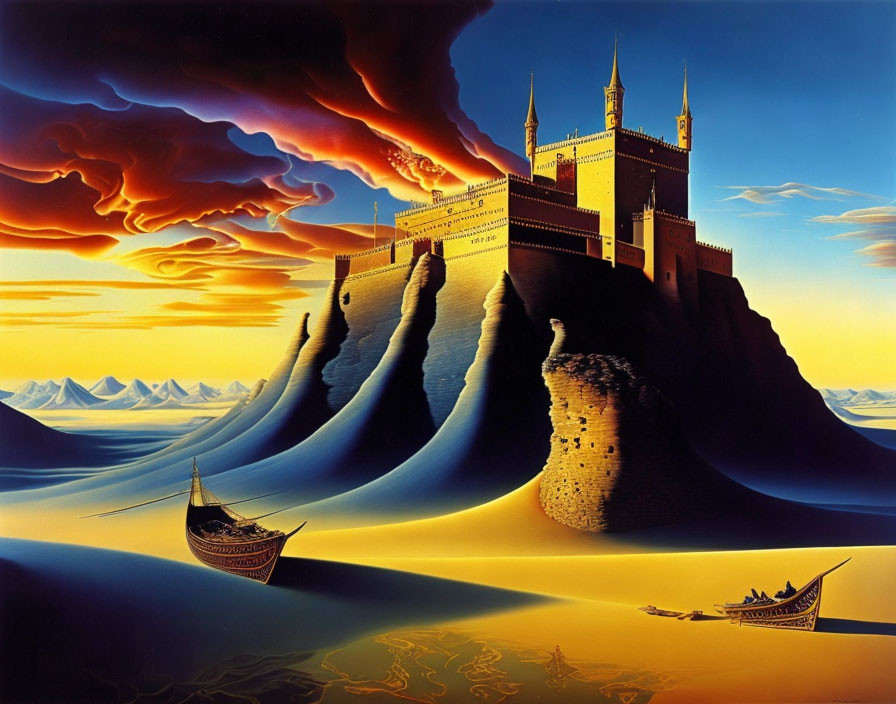 Surreal painting of castle on cliffs with fiery sky and Viking ships