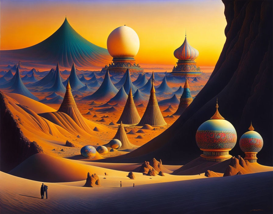 Fantastical desert landscape with stylized dunes and ornate spired buildings